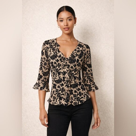 Ice Tops - Y2K 2000s Beige Black Silk Burnout Floral Blouse Size S Sheer Indie Ethereal